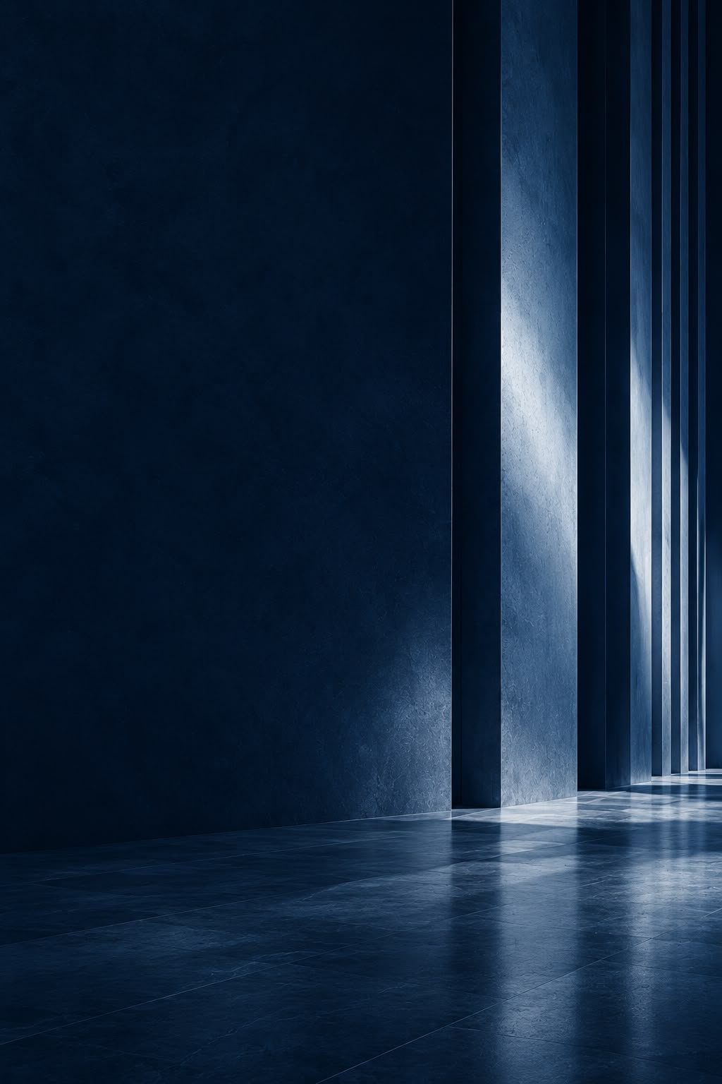 Dark blue architectural interior with tall columns